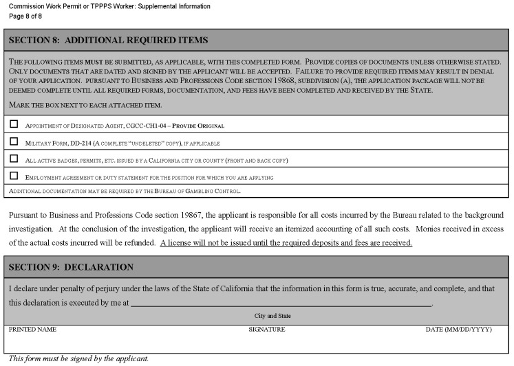 This is a picture of the Commission Work Permit or TPPPS Worker: Supplemental Information CGCC-CH2-10 (Rev. 07/22) form Page 8 of 8.