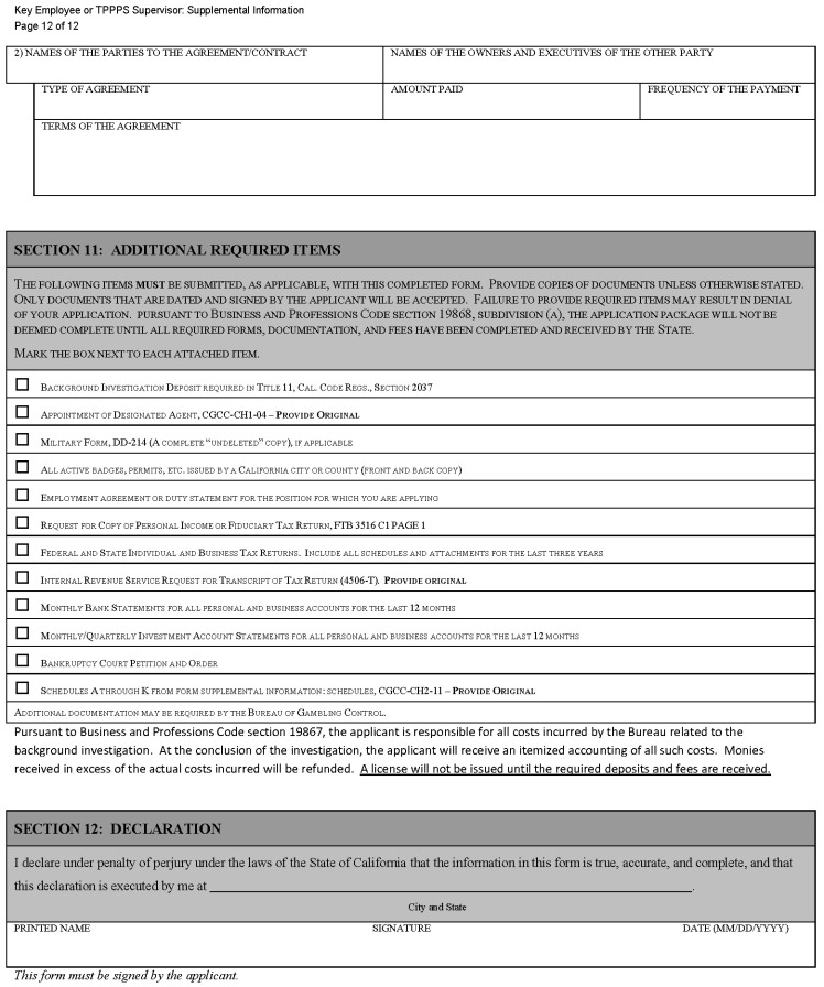 This is a picture of the Key Employee or TPPPS Supervisor: Supplemental Information CGCC-CH2-08 (Rev. 07/22) form Page 12 of 12.
