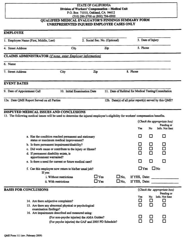 Image 1 within § 111. The Qualified Medical Evaluator's Findings Summary Form.