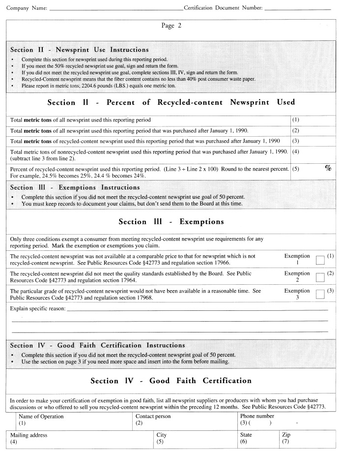 CIWMB 430: Newsprint Consumer Certification (page 2)