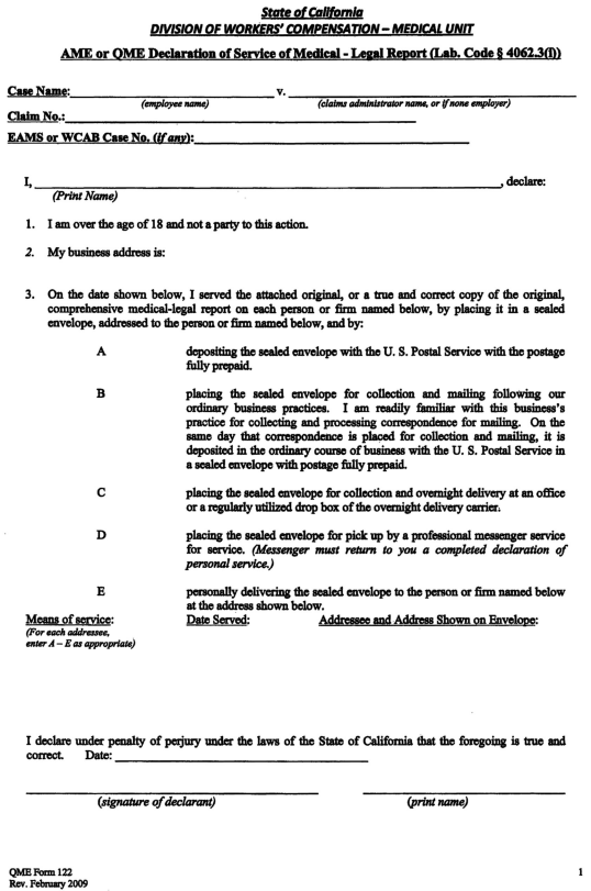Image 1 within § 122. AME or QME Declaration of Service of Medical-Legal Report.