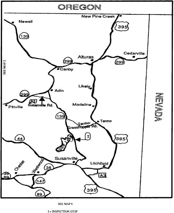 Map 3 shows designated explosives routes for the Alturas area and includes US 395 between the Oregon border and the south edge of Map 3 near Doyle, State Route 139 between the northwest edge of Map 3 near Newell and State Route 36, State Route 299 between the west edge of Map 3 near Pittville and the Nevada border, Susanville Road or County Road A2 between State Route 299 and State Route 139, Tempo-Grasshopper Road between State Route 139 and US 395, Standish Buntingville Road or County Road A3 between Standish and Buntingville shortcut US 395, State Route 44 between the west edge of Map 3 near Old Station and State Route 36, State Route 36 between the southwest edge of Map 3 near Chester and US 395, State Route 147 between State Route 36 and State Route 89, and State Route 89 between the southwest edge of Map 3 near Chester and the south edge of Map 3 near Moccasin.  Map 3 also shows one inspection stop near Eagle Lake.