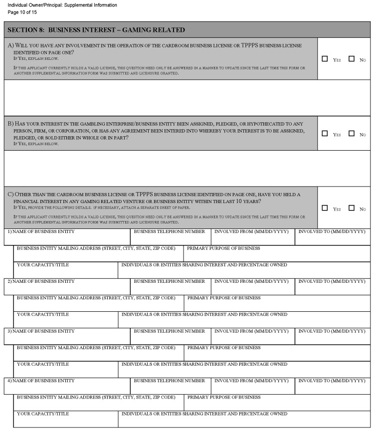 This is a picture of the Individual Owner/Principal: Supplemental Information CGCC-CH2-07 (Rev. 07/22) form Page 10 of 15.