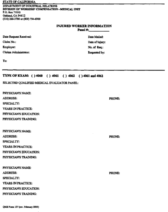 Image 1 within § 107. The Qualified Medical Evaluator Panel Selection Form.