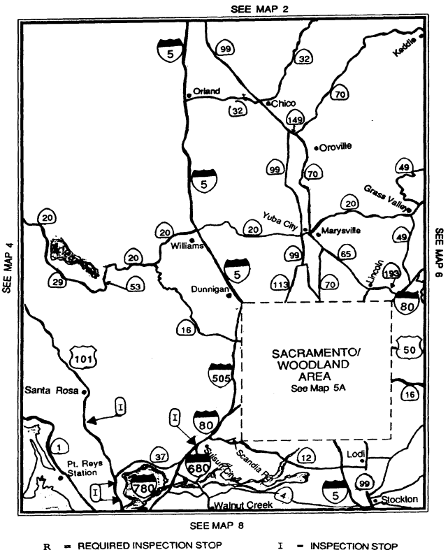 Map 5 shows designated explosives routes for the Sacramento area and a map box as Map 5A specifically for the Sacramento and Woodland areas.  Map 5 includes Interstate 5, State Route 20, and State Route 99 across the map, US 101 and State Route 1 across the southwest corner of map, Interstate 80 across the southeast corner of the map, Interstate 680 between Interstate 80 and the south edge of Map 5 near Walnut Creek, Interstate 780 between Interstate 80 and Interstate 680, State Route 4 between Interstate 80 and the southeast corner of Map 5 near Stockton, State Route 37 between US 101 and Interstate 80, State Route 26 between State Route 99 and the southeast corner of Map 5 near Linden, State Route 88 between State Route 99 and the southeast edge of Map 5 near Martell, State Route 12 between Interstate 80 and State Route 88, State Route 16 between State Route 20 and the west edge of Map 5A near Sacramento and between the east edge of Map 5A and the east edge of Map 5 east of Sacramento, US 50 between the east edge of Map 5A and the east edge of Map 5 east of Sacramento, Interstate 505 between Interstate 5 and Interstate 80, State Route 49 between upper east edges of Map 5 near Grass Valley and middle east edge of Map 5 near Auburn, State Route 65 between State Route 70 and the north edge of Map 5A near Sacramento, State Route 193 between Interstate 80 and State Route 65 (due to the realignment construction for State Route 65, Lincoln Boulevard may be used to connect State Route 193 and State Route 65; however, requiring a rulemaking in the near future), State Route 70 between the north edge of Map 5A near Sacramento and the northeast corner of Map 5 near Keddie, State Route 149 between State Route 70 and State Route 99, State Route 32 between Interstate 5 and the north edge of Map 5 near Lomo, State Route 113 between State Route 99 and the north edge of Map 5A near Sacramento, and a small section of Scandia Road (which does not exist anymore, Walters Road and Petersen Road may serve for this purpose to access the Travis Air Force Base; however, requiring a rulemaking in the near future).  Map 5 also shows four inspection stops near Santa Rosa, Suisun City, Novato, and San Rafael.
