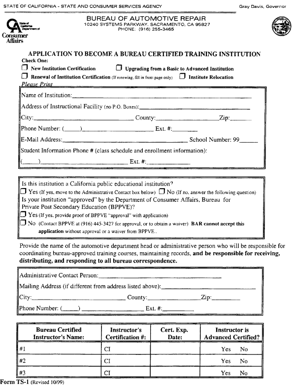 Image 1 within Form TS-1. Application to Become a Bureau Certified Training Institution.
