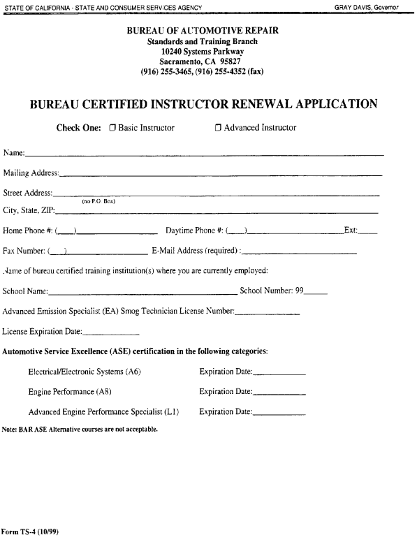 Image 1 within Form TS-4. Bureau Certified Instructor Renewal Application.