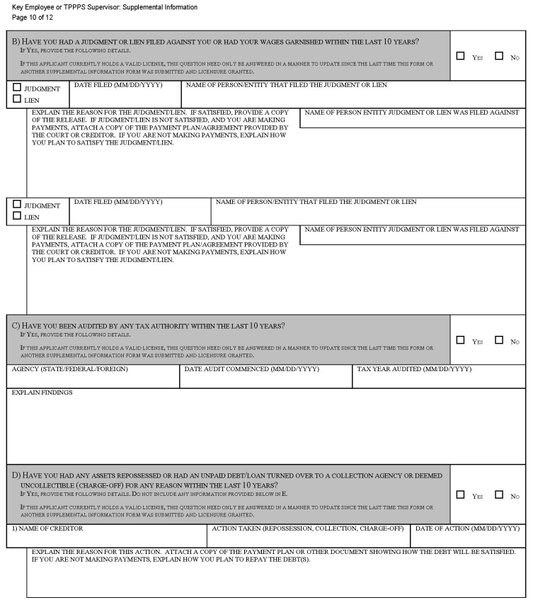This is a picture of the Key Employee or TPPPS Supervisor: Supplemental Information CGCC-CH2-08 (Rev. 07/22) form Page 10 of 12.