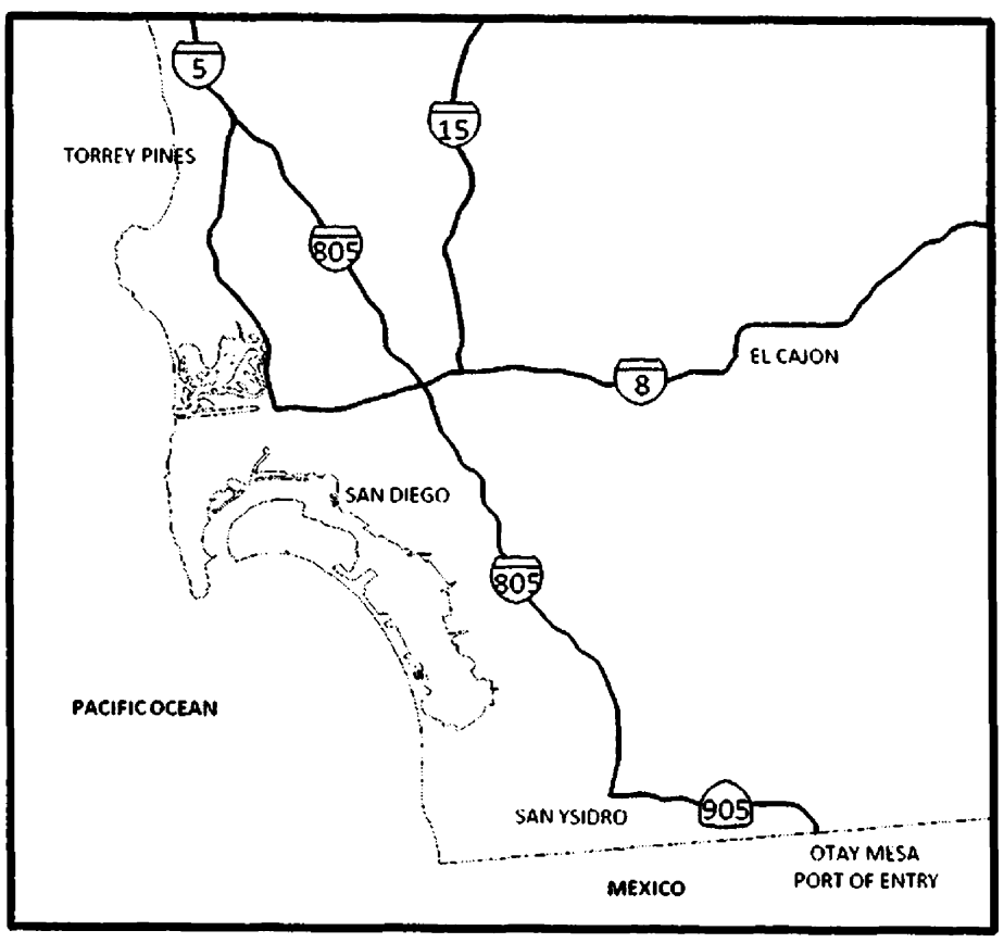 The San Diego Area map shows designated inhalation hazards routes for the San Diego area and includes Interstate 5 between the north edge of map and Interstate 8, Interstate 8 between Interstate 5 and the east edge of map, Interstate 15 between the north edge of map and Interstate 8, Interstate 805 between Interstate 5 and State Route 905, State Route 905 between Interstate 805 and the border of Mexico at the Otay Mesa Port of Entry.