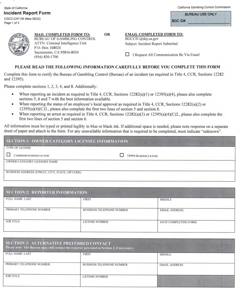 This is a picture of Incident Report Form CGCC-CH7-08 (New 08/22) Page 1 of 3.