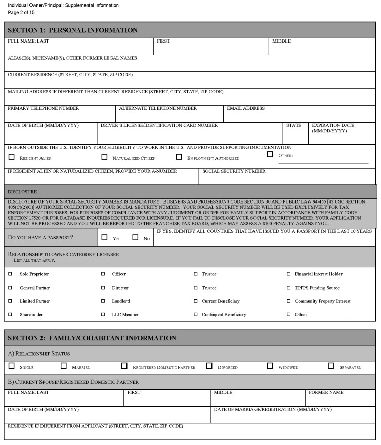 This is a picture of the Individual Owner/Principal: Supplemental Information CGCC-CH2-07 (Rev. 07/22) form Page 2 of 15.