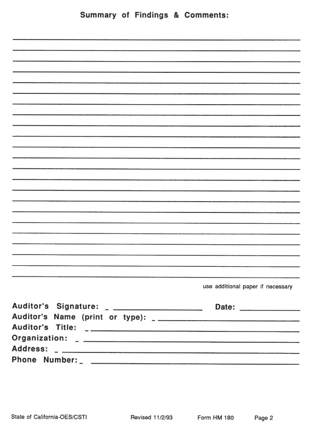 State of California -OES/CSTI Revised 11/2/93 Form HM180 Page 2 Summary of Findings and Comments collects Audit information and Auditor information.