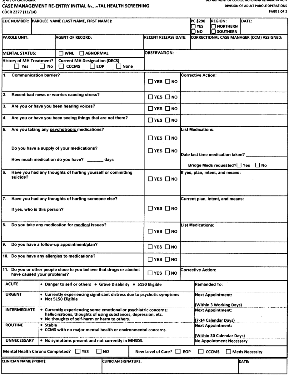 Image 1 within Form CDCR 2277. Case Management Re-Entry Initial Mental Health Screening.