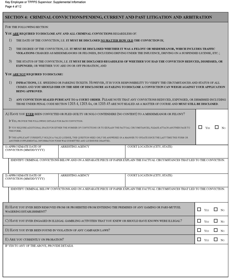This is a picture of the Key Employee or TPPPS Supervisor: Supplemental Information CGCC-CH2-08 (Rev. 07/22) form Page 4 of 12.
