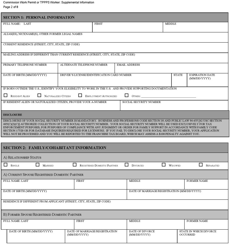 This is a picture of the Commission Work Permit or TPPPS Worker: Supplemental Information CGCC-CH2-10 (Rev. 07/22) form Page 2 of 8.