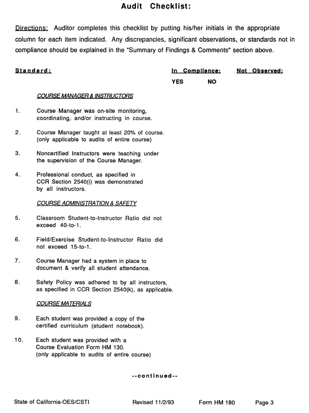 State of California -OES/CSTI Revised 11/2/93 Form HM180 Page 3 Audit Checklist.