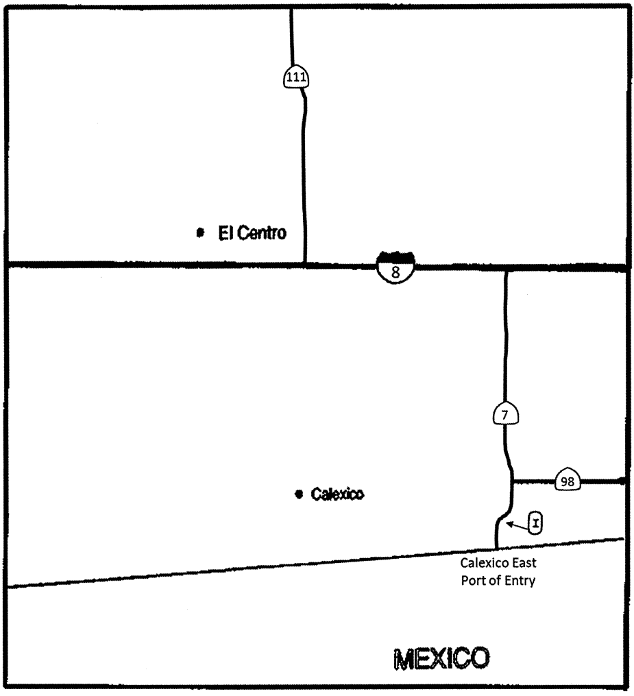 Map 17A shows designated explosives routes specifically for the El Centro area and includes Interstate 8 across the map, State Route 111 between Interstate 8 and the north edge of Map 17A near Brawley, State Route 7 between Interstate 8 and the Mexican border, and State Route 98 between State Route 7 and the east edge of Map 17A near Bonds Corner.  Map 17A also shows one inspection stop near Calexico East Port of Entry.