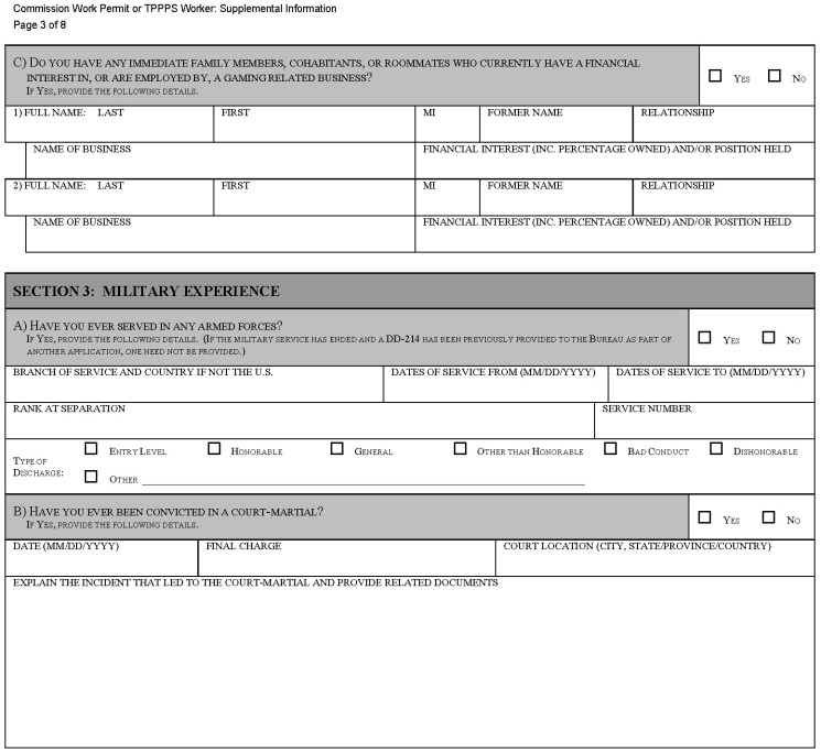 This is a picture of the Commission Work Permit or TPPPS Worker: Supplemental Information CGCC-CH2-10 (Rev. 07/22) form Page 3 of 8.