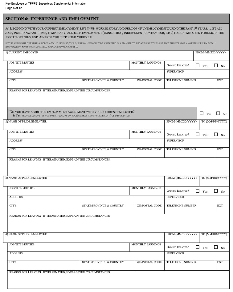 This is a picture of the Key Employee or TPPPS Supervisor: Supplemental Information CGCC-CH2-08 (Rev. 07/22) form Page 6 of 12.