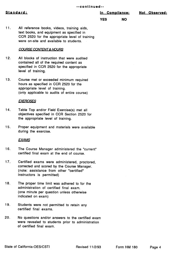 State of California -OES/CSTI Revised 11/2/93 Form HM180 Page 4 Audit Checklist Continued.