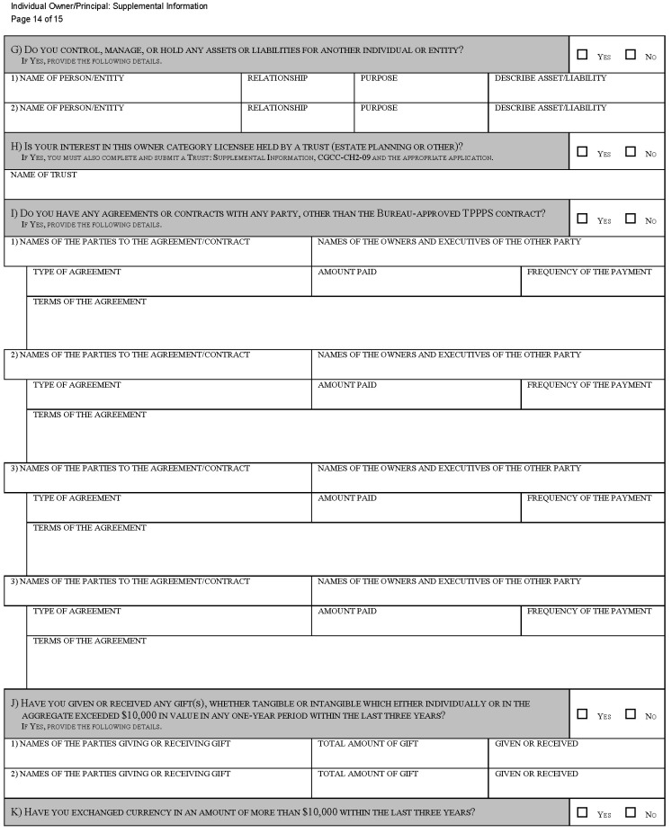 This is a picture of the Individual Owner/Principal: Supplemental Information CGCC-CH2-07 (Rev. 07/22) form Page 14 of 15.