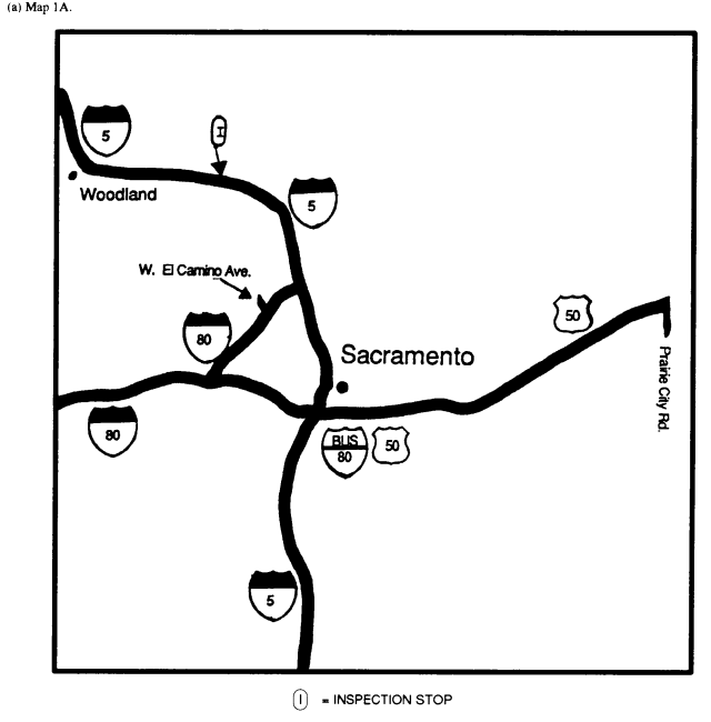 Map 1A shows designated inhalation hazards routes for the Sacramento area and includes Interstate 5 across the map, Interstate 80 between Interstate 5 and the west edge of Map 1A with one small section of West El Camino Avenue north of Interstate 80, and US 50/Business 80 between Interstate 5 and Prairie City Road with one small section of Prairie City Road south of US 50.  Map 1A also shows one inspection stop near Woodland.