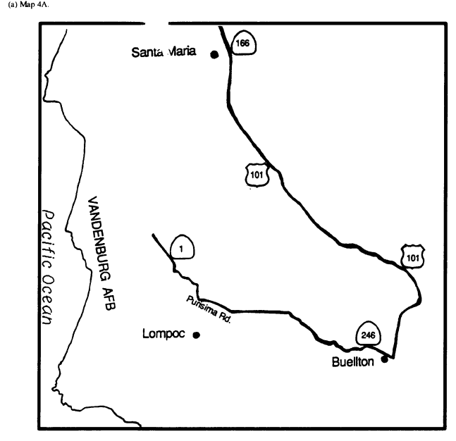 Map 4A shows designated inhalation hazards routes for the Santa Barbara County area and includes State Route 166 between US 101 and the north edge of Map 4A, US 101 between State Route 166 and State Route 246, State Route 246 between US 101 and Purisima Road, Purisima Road between State Route 246 and State Route 1, and State Route 1 between Purisima Road and Vandenburg Air Force Base Main Gate.