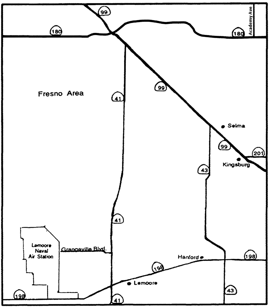 Map 9A shows designated explosives routes specifically for the Fresno area and includes State Route 99, State Route 180, and State Route 198 across the map, State Route 41 between State Route 99 and the south edge of Map 9A near Lemoore, State Route 43 between State Route 99 and the south edge of Map 9A near Hanford, State Route 201 between State Route 99 and the east edge of Map 9A near Kingsburg, Academy Avenue between State Route 180 and the north edge of Map 9A connecting to State Route 168, and Grangeville Boulevard between State Route 41 and the Lemoore Naval Air Station.