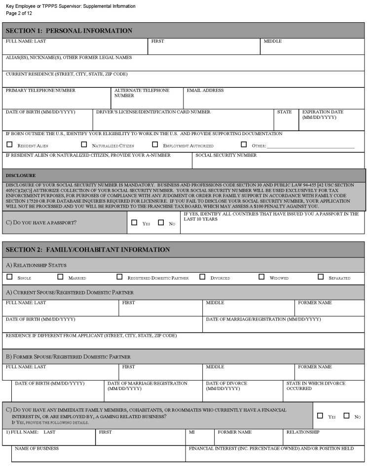 This is a picture of the Key Employee or TPPPS Supervisor: Supplemental Information CGCC-CH2-08 (Rev. 07/22) form Page 2 of 12.