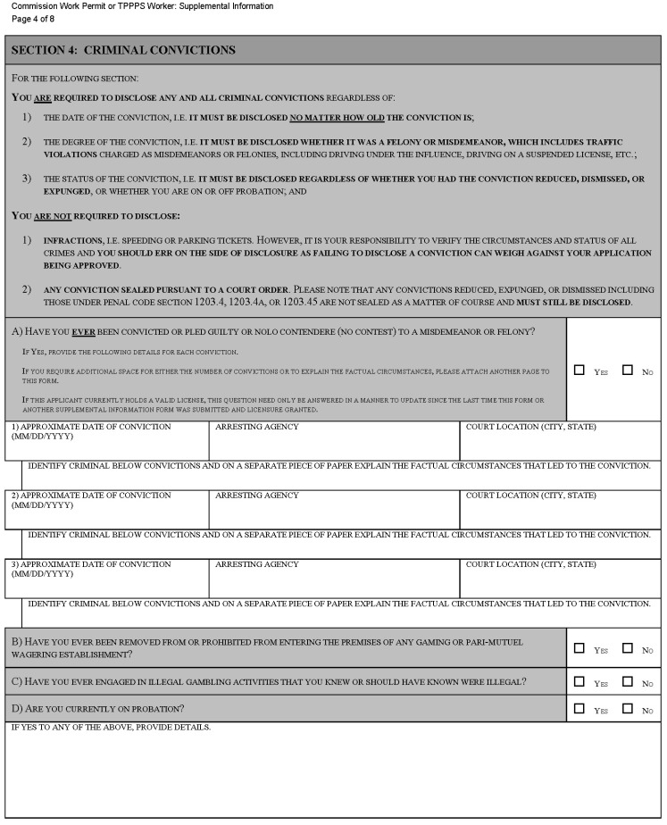 This is a picture of the Commission Work Permit or TPPPS Worker: Supplemental Information CGCC-CH2-10 (Rev. 07/22) form Page 4 of 8.