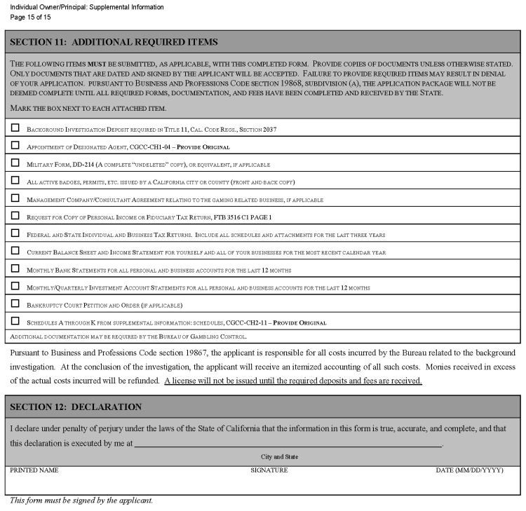 This is a picture of the Individual Owner/Principal: Supplemental Information CGCC-CH2-07 (Rev. 07/22) form Page 15 of 15.