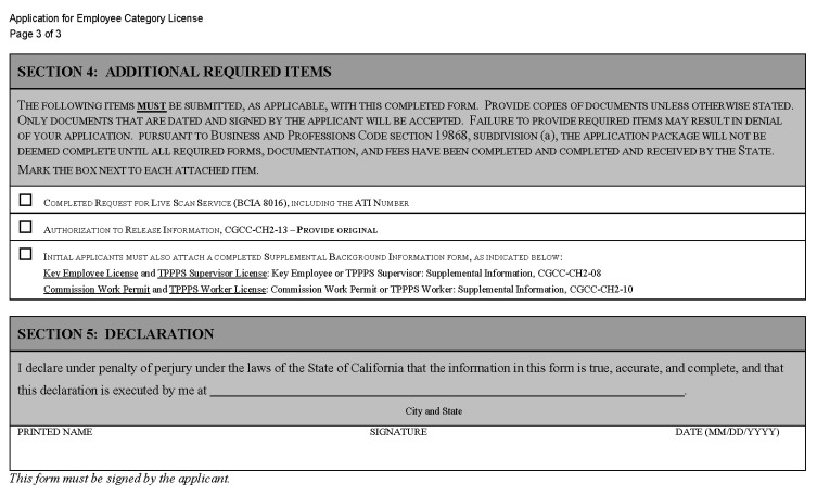 This is a picture of Application for Employee Category License CGCC-CH2-04 (Rev. 11/21) Page 3 of 3.