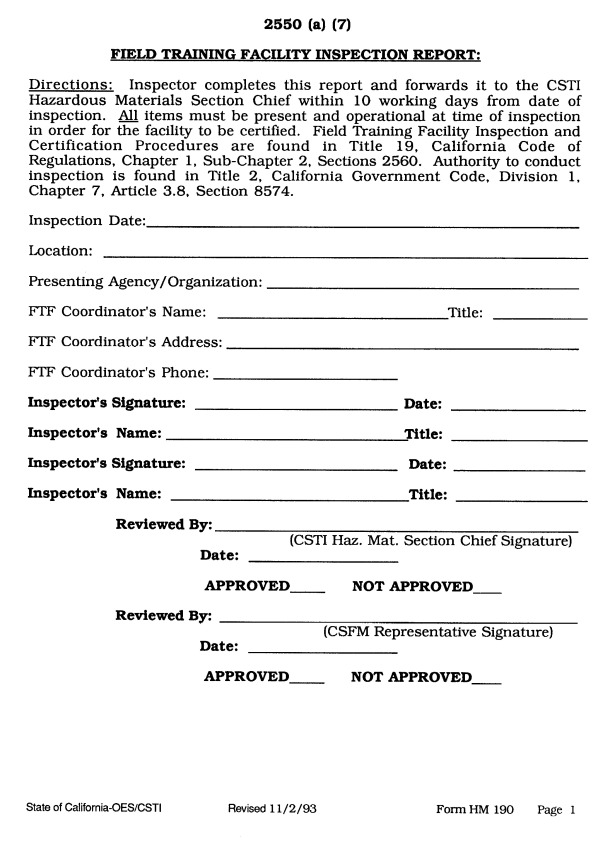 State of California -OES/CSTI Revised 11/2/93 Form HM190 2550(a)7 Page 1 FIELD TRAINING FACILITY INSPECTION REPORT.
