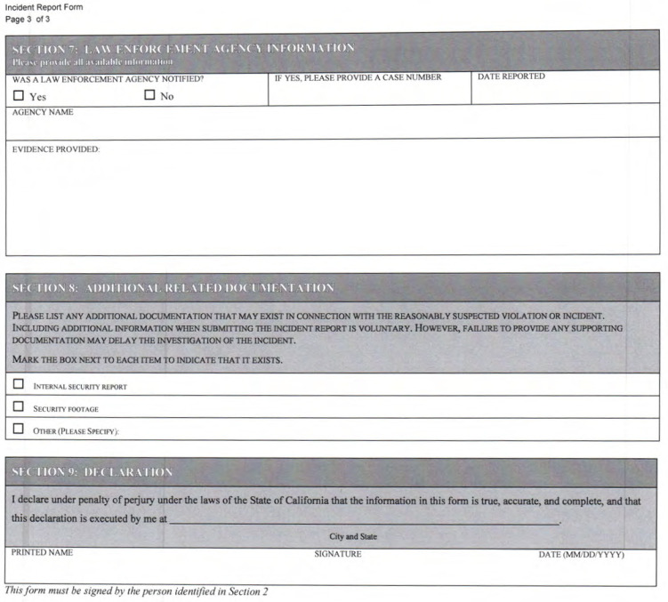 This is a picture of Incident Report Form CGCC-CH7-08 (New 08/22) Page 3 of 3.
