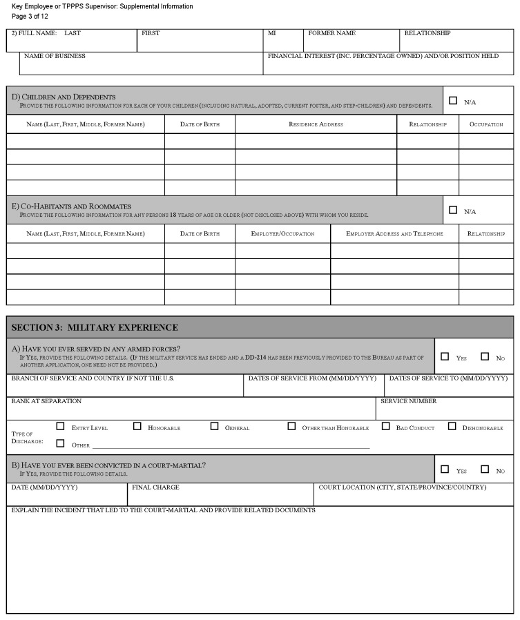 This is a picture of the Key Employee or TPPPS Supervisor: Supplemental Information CGCC-CH2-08 (Rev. 07/22) form Page 3 of 12.