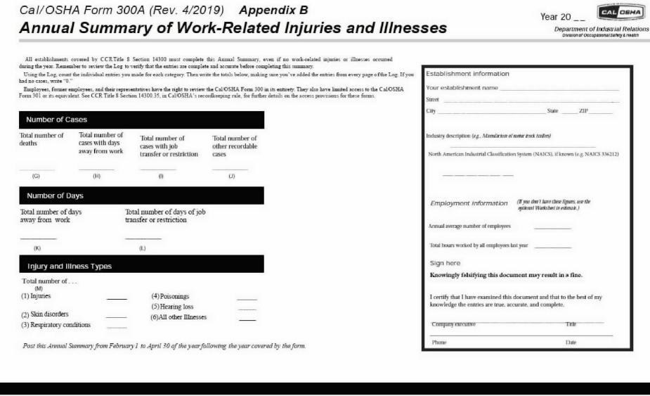 Image 1 within Appendix B Cal/OSHA Form 300A (Rev. 4/2019) Annual Summary of Work-Related Injuries and Illnesses