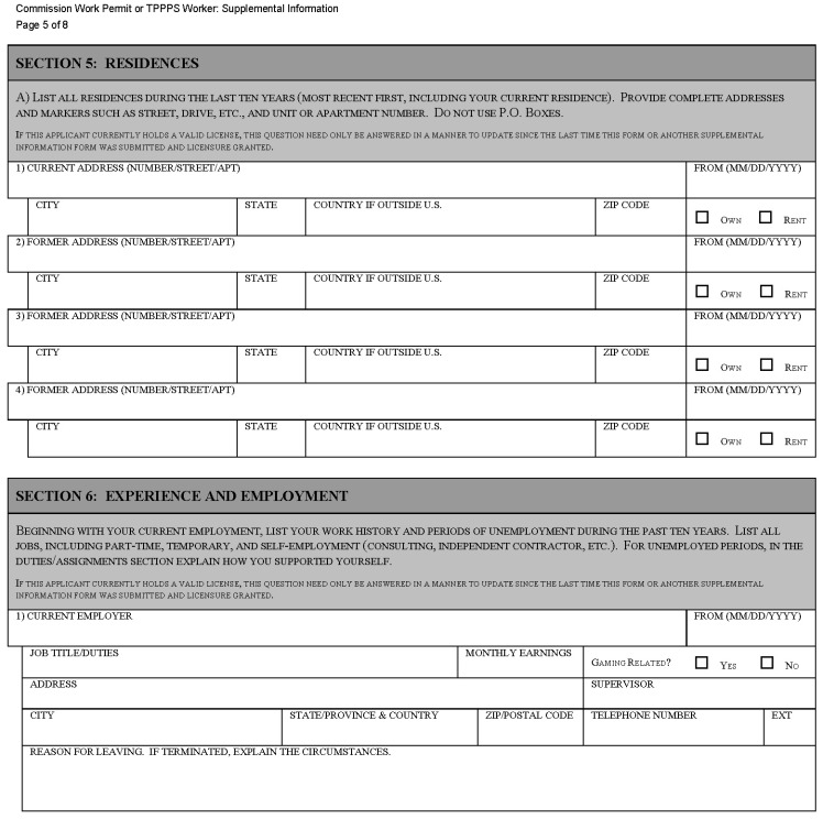 This is a picture of the Commission Work Permit or TPPPS Worker: Supplemental Information CGCC-CH2-10 (Rev. 07/22) form Page 5 of 8.