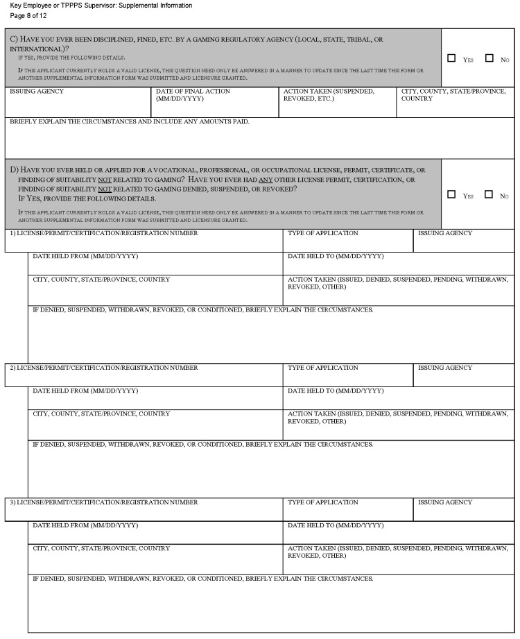 This is a picture of the Key Employee or TPPPS Supervisor: Supplemental Information CGCC-CH2-08 (Rev. 07/22) form Page 8 of 12.
