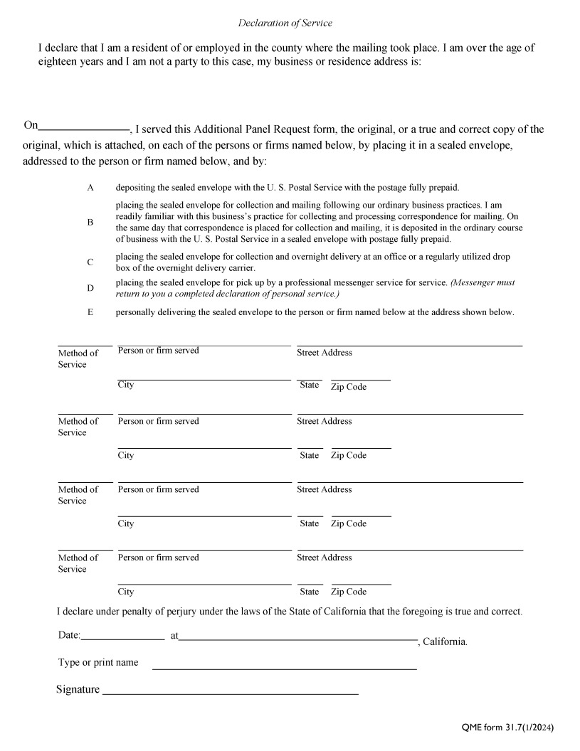 Medical Unit Additional Panel Request QME Form Page 2