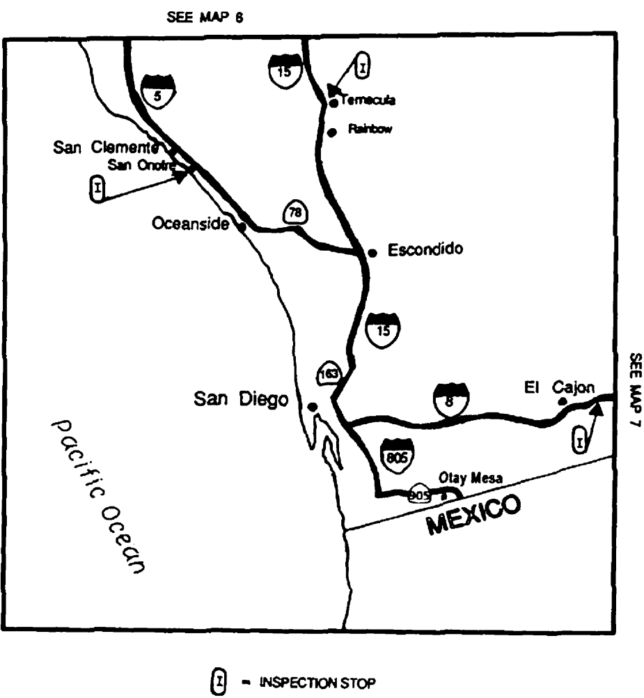Map 8 shows designated inhalation hazards routes for the San Diego area and includes State Route 905 between the Mexican border and Interstate 805, Interstate 805 between State Route 905 and State Route 163, State Route 163 between Interstate 805 and Interstate 15, Interstate 15 between State Route 163 and the north edge of Map 8, State Route 78 between Interstate 15 and Interstate 5, Interstate 5 between State Route 78 and the north edge of Map 8, Interstate 8 between Interstate 805 and the east edge of Map 8.  Map 8 also shows three inspection stops near El Cajon, San Onofre, and Temecula.