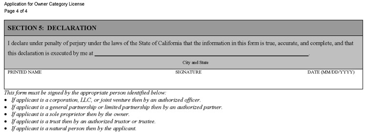 This is a picture of Application for Owner Category License CGCC-CH2-05 (Rev. 04/23) Page 4 of 4.