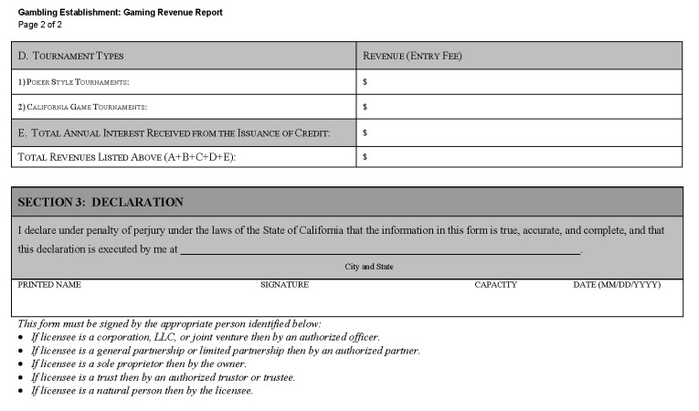 This is a picture of Cardroom Business License: Gaming Revenue Report CGCC-CH5-01 (New 09/22) Page 2 of 2.