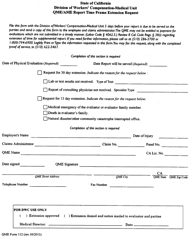 Image 1 within § 112. The QME/AME Time Frame Extension Request Form.