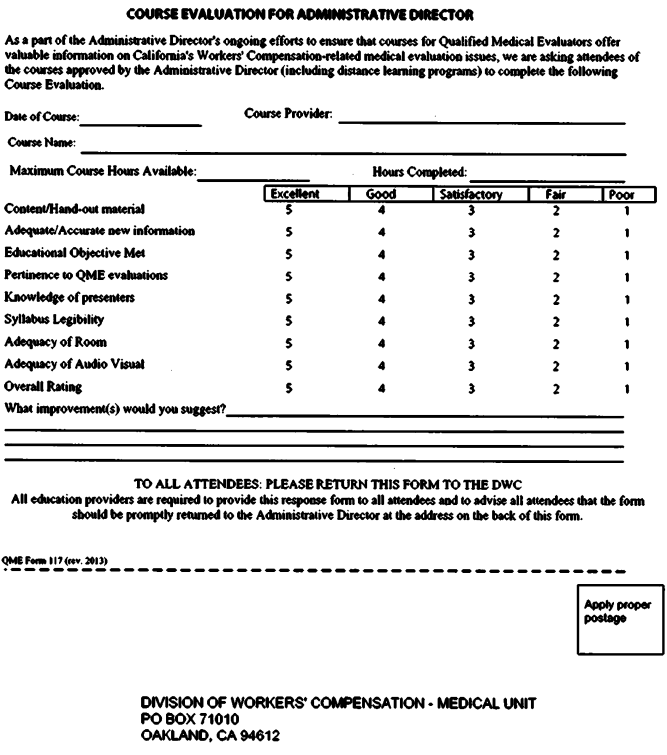 Image 1 within § 117. Qualified Medical Evaluator Course Evaluation Form.