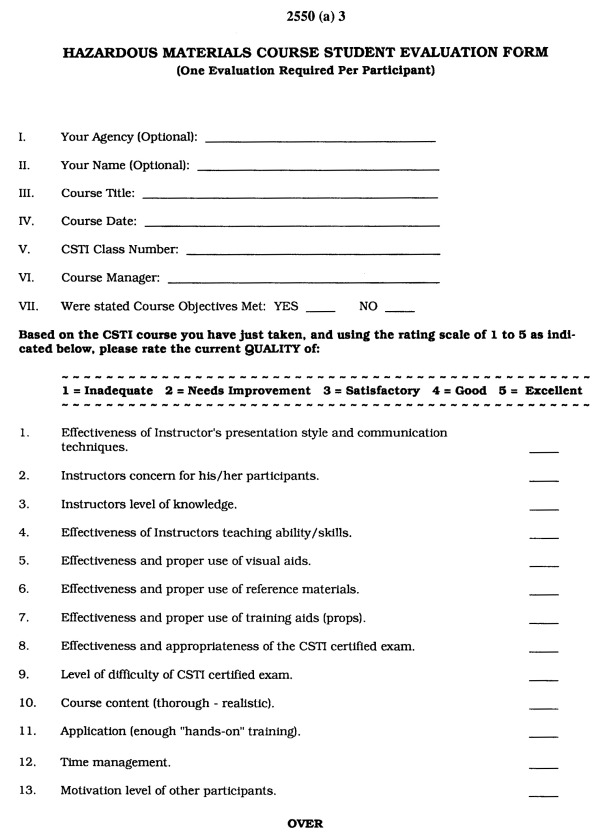State of California -OES/CSTI Revised 8/93 Form HM140 2550 (a)3 HAZARDOUS MATERIALS COURSE STUDENT EVALUATION FORM Page 1 collects Course Participant information, Course information and asks Course Participants to rate the course on a rating scale of 1 to 5 for thirteen categories.
