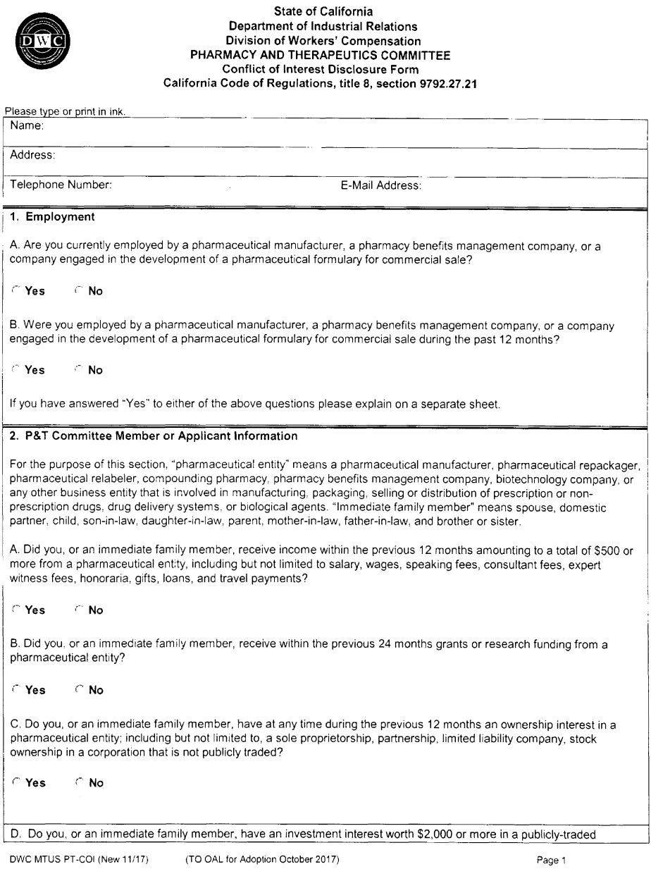 Image 1 within § 9792.27.21. Pharmacy and Therapeutics Committee -- Conflict of Interest Disclosure Form.