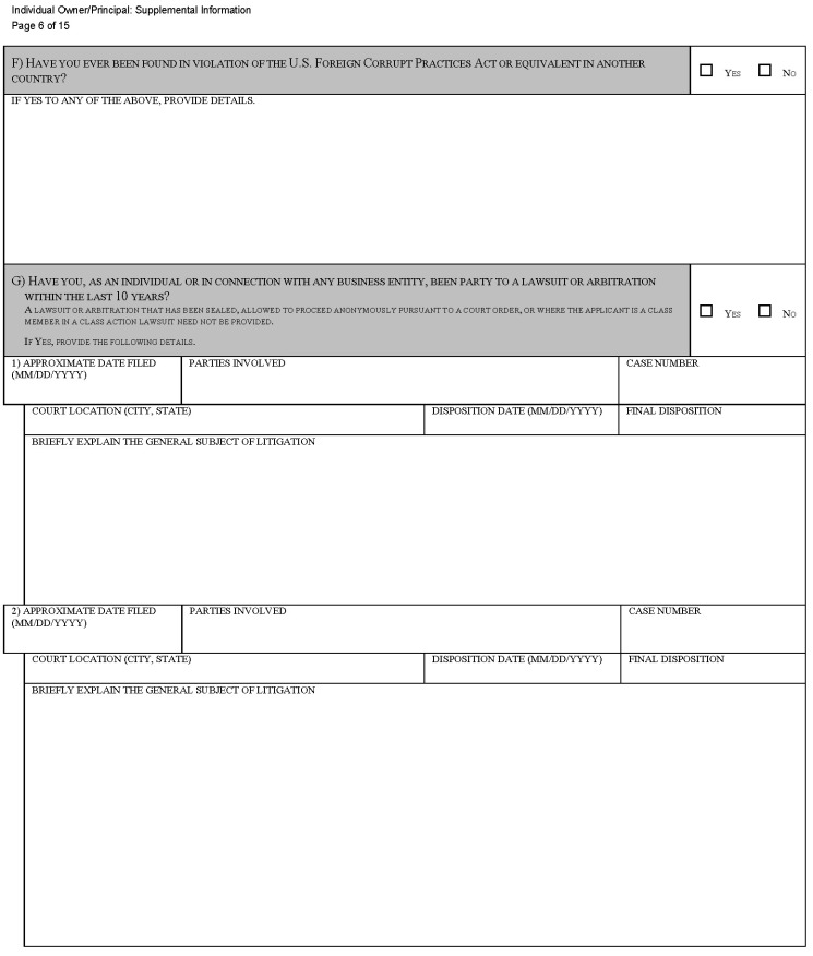 This is a picture of the Individual Owner/Principal: Supplemental Information CGCC-CH2-07 (Rev. 07/22) form Page 6 of 15.