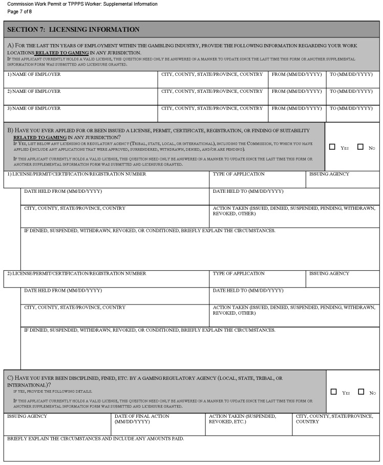This is a picture of the Commission Work Permit or TPPPS Worker: Supplemental Information CGCC-CH2-10 (Rev. 07/22) form Page 7 of 8.