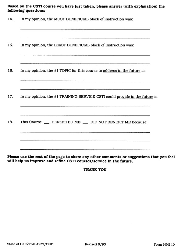 State of California -OES/CSTI Revised 8/93 Form HM140 2550 (a)3 HAZARDOUS MATERIALS COURSE STUDENT EVALUATION FORM Page 2 asks Course Participants to provide additional feedback for the course.