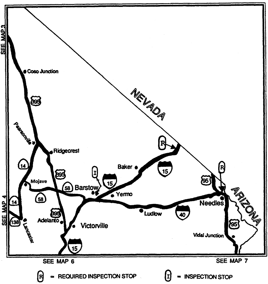 Map 5 shows designated inhalation hazards routes for the Inland area of California bordering Nevada and Arizona and includes Interstate 15 across the map, US 395 between Interstate 15 and the northwest edge of Map 5, State Route 58 between Interstate 15 and State Route 14, State Route 14 between US 395 and State Route 138, State Route 138 between State Route 14 and the southwest edge of Map 5, Lenwood Road between State Route 58 and Interstate 15, Interstate 40 between Interstate 15 and the Arizona border, US 95 between the Nevada border and the southeast edge of Map 5.  Map 5 also shows one required inspection stop near Needles and one inspection stop near Barstow.